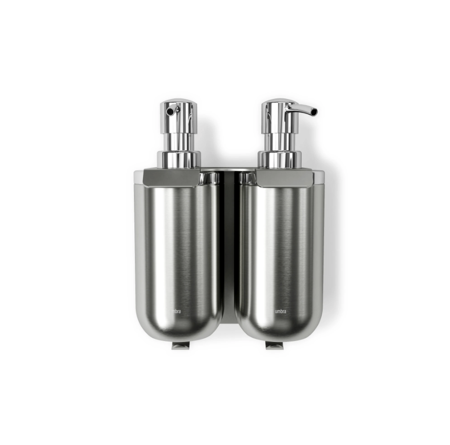 Umbra Junip double wall soap pump set seen from the front on its brackets