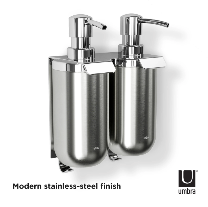 Umbra Junip double wall soap pump set in a modern stainless steel finish