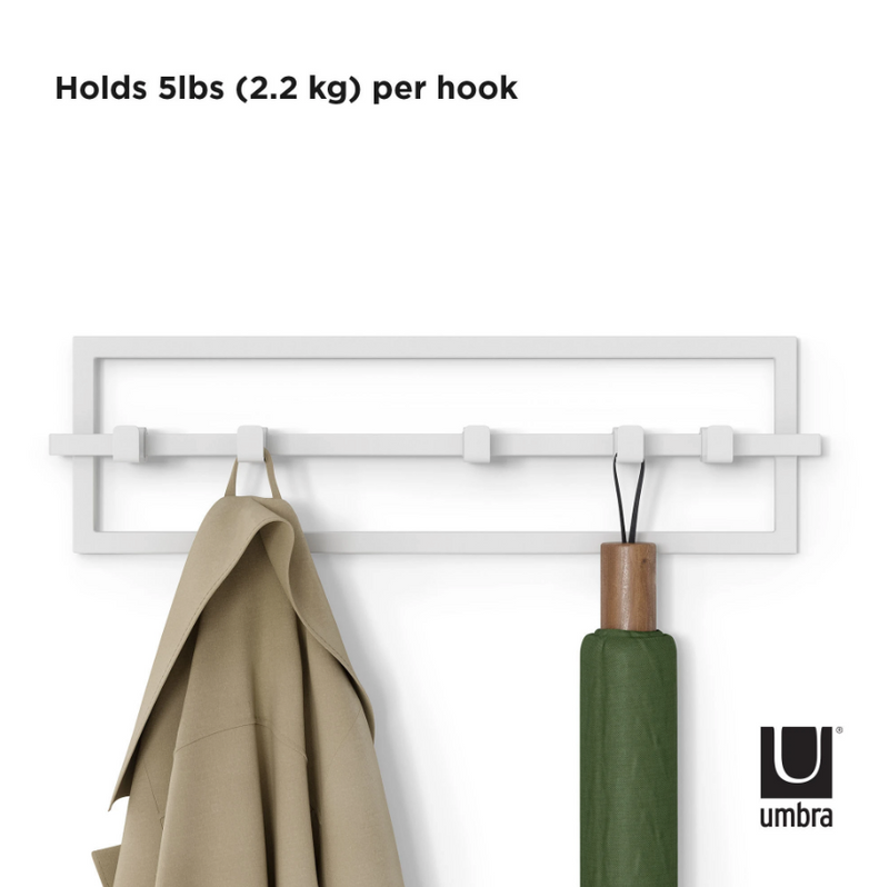 An Umbra CUBIKO 5 HOOK - White coat hanger with an umbrella and an Umbra CUBIKO 5 HOOK - White coat hanger.