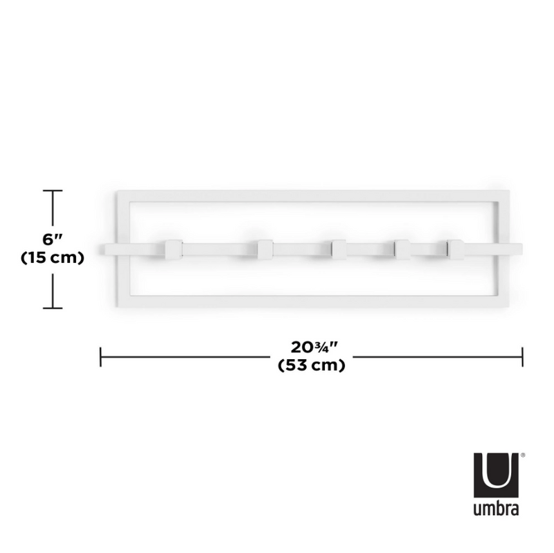 An Umbra CUBIKO 5 HOOK - White wall shelf with measurements.