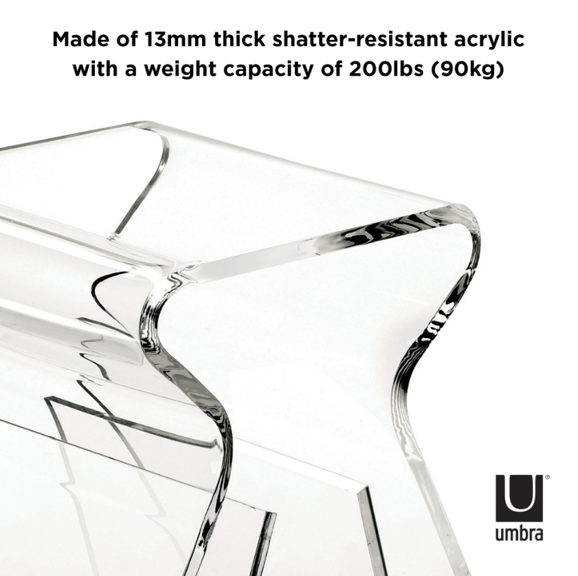 Close view of the curved 13mm acrylic edge on the Magino stool, rated to 90kg