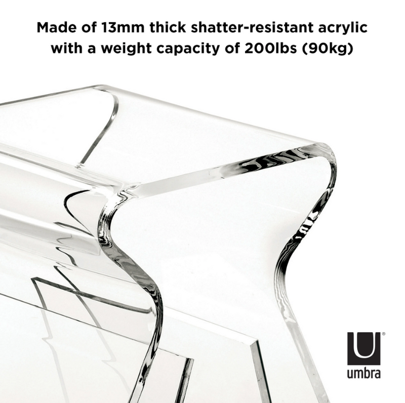 A Magino Stool With Magazine Rack - Clear Acrylic made by Umbra with a weight capacity of 2500 lbs.