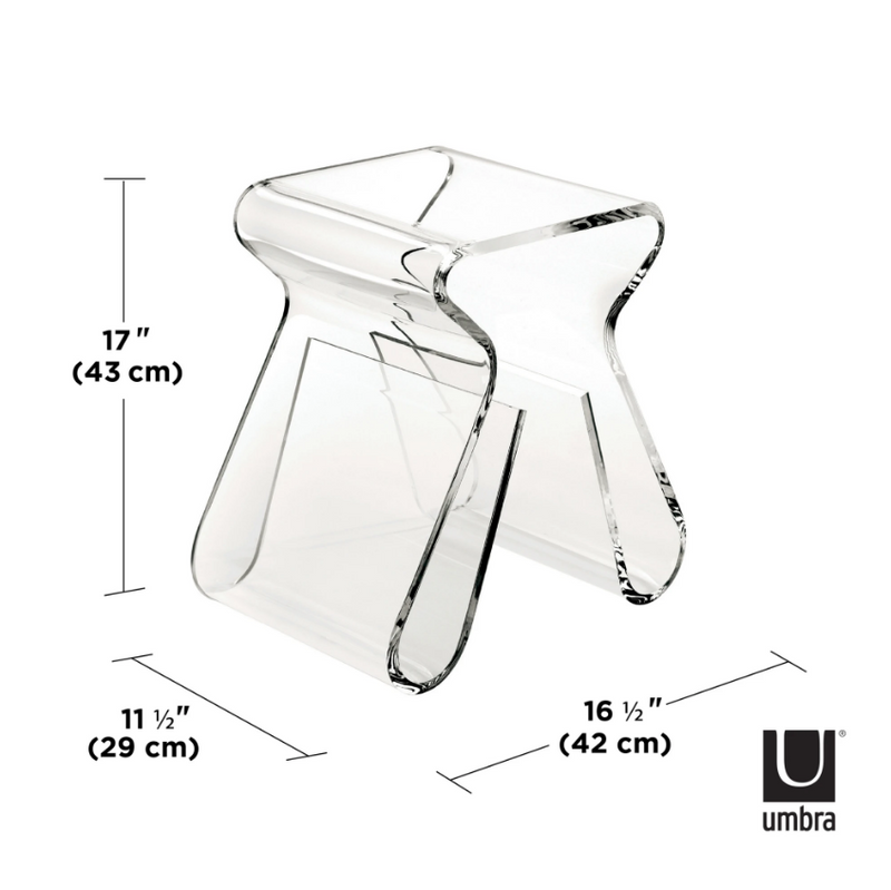 An Umbra Magino Stool With Magazine Rack - Clear Acrylic with measurements and measurements.