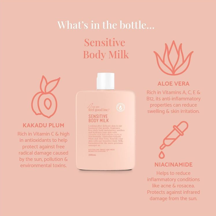 Discover what's inside the We Are Feel Good Inc. fragrance-free Sensitive Body Milk, perfect for delicate skin.