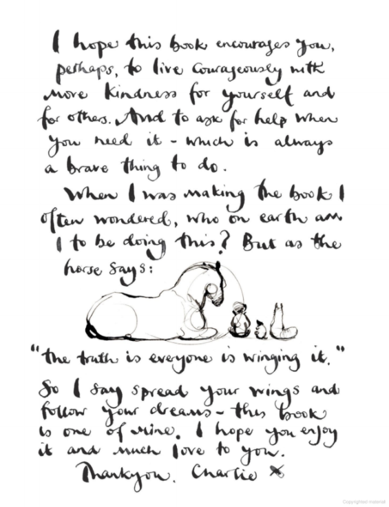 A black and white drawing of a horse with a quote on it from "Charlie Mackesy | The Boy, The Mole, The Fox and The Horse" by Books.