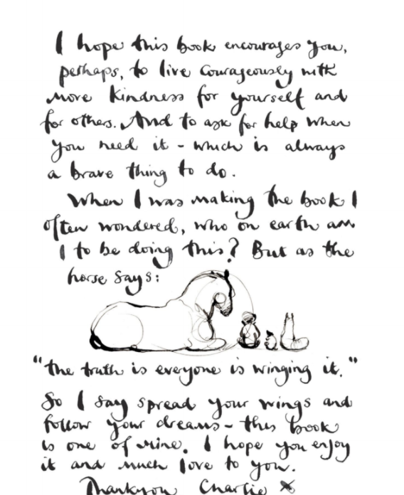 A black and white drawing of a horse with a quote on it, from Charlie Mackesy | The Boy, The Mole, The Fox and The Horse by Books.