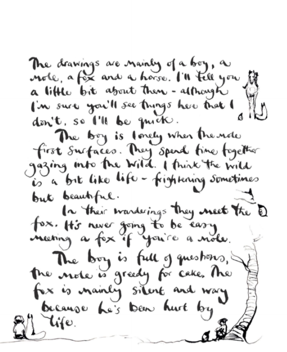 A black and white drawing of a handwritten Charlie Mackesy | The Boy, The Mole, The Fox and The Horse poem.