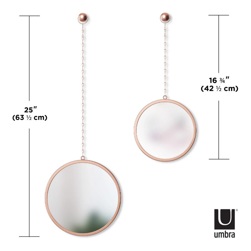 A set of three Umbra DIMA Round Mirrors hanging on a chain.