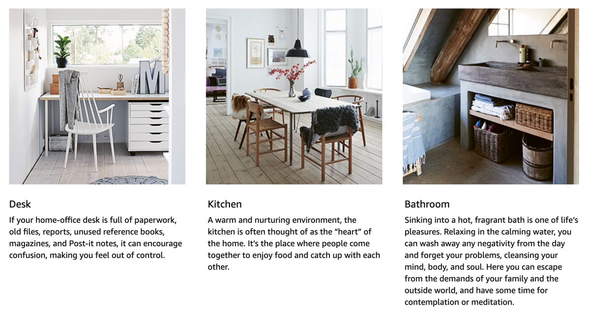 The Joy of Living with Less page spread showing household decluttering tips