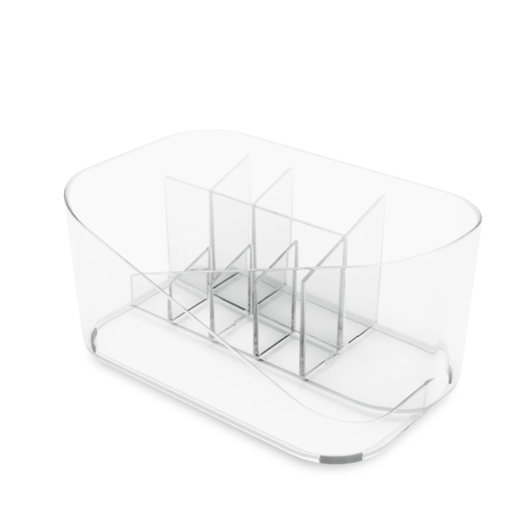 Umbra Glam clear cosmetic organiser seen from above, five compartments
