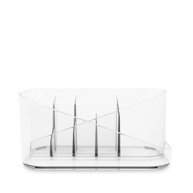 The Umbra Glam Cosmetic Organizer is a stylish clear plastic tray that features multiple compartments perfect for organizing makeup essentials.