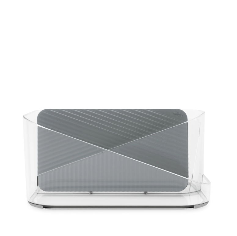 An Umbra GLAM HAIR TOOL ORGANIZER - Clear tray with a black and grey design.