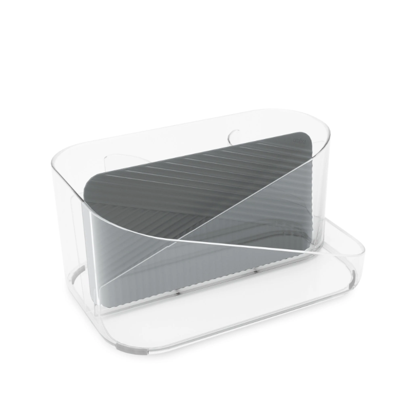 A GLAM HAIR TOOL ORGANIZER - Clear with a black and white tablet on it, by Umbra.
