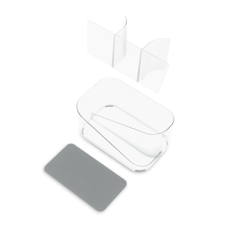 A white tray with a clear cover and a gray cover would be the GLAM HAIR TOOL ORGANIZER - Clear by Umbra.