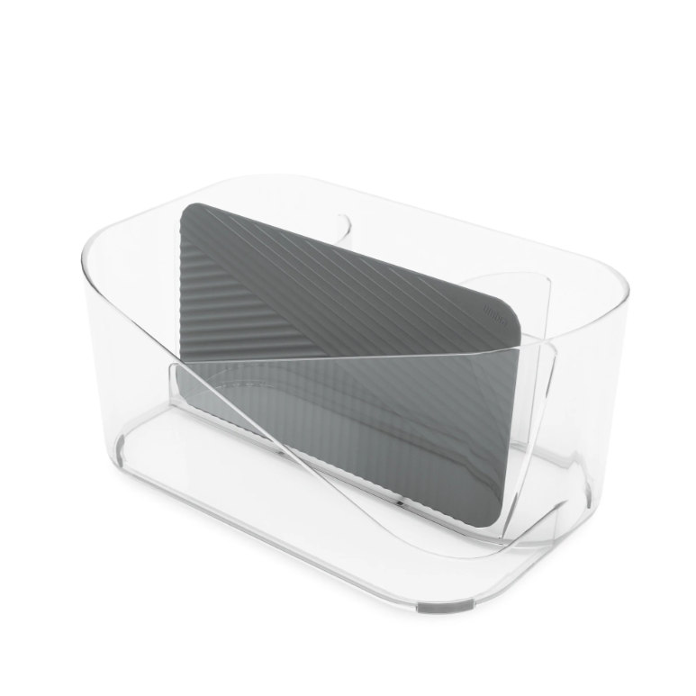 An Umbra GLAM HAIR TOOL ORGANIZER - Clear with a black card in it.