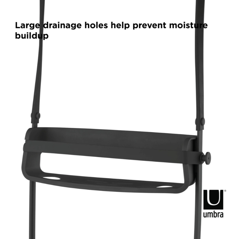 Close view of a black Flex shower caddy shelf showing its drainage holes