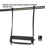 A FLEX SHOWER CADDY - Black / White by Umbra, with the words mounts over shower head or shower curtain rod, perfect for shower essentials.