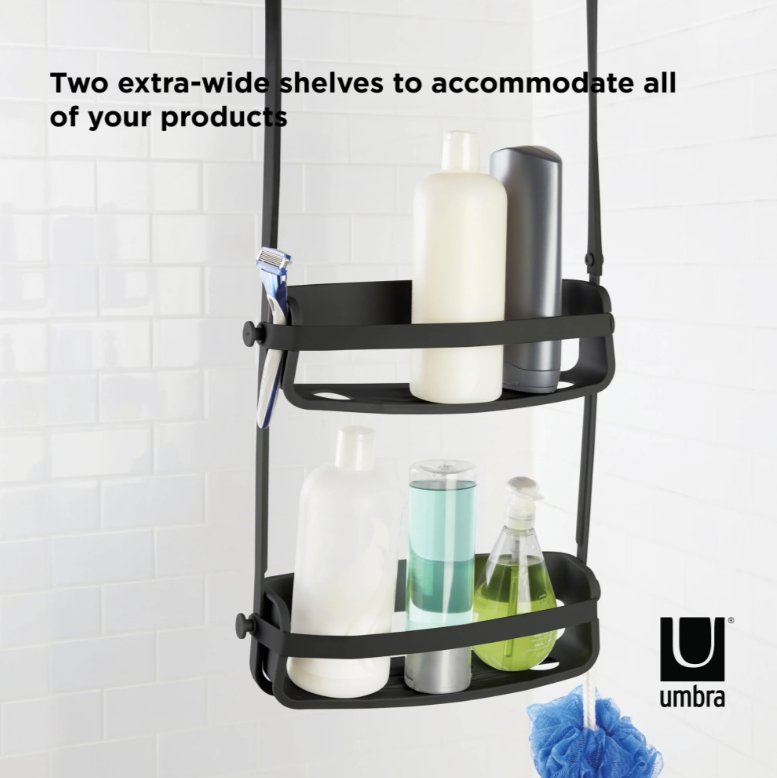 Umbra Flex shower caddy in black with two extra-wide shelves of shower products