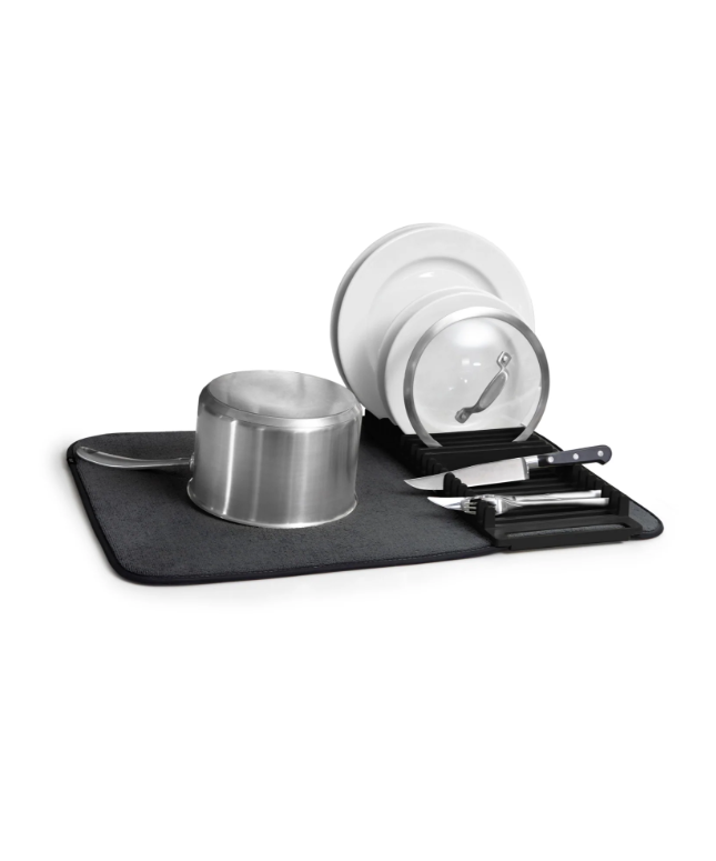 Umbra Udry black drying mat with utensil caddy on kitchen counter