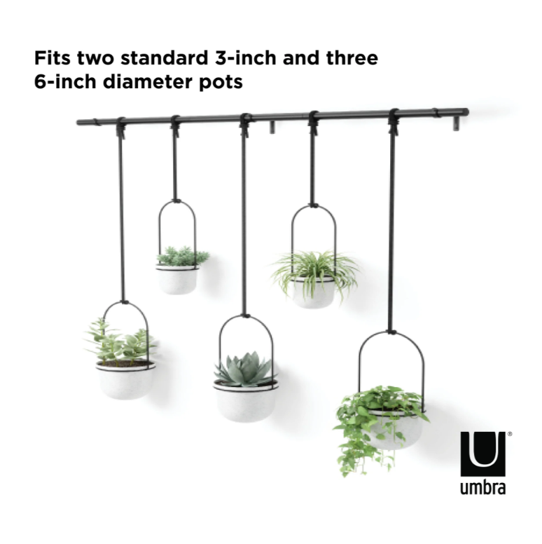 An innovative TRIFLORA HANGING PLANTER featuring three pots, designed specifically for indoor plants. Elevate your home decor with this stylish drapery rod planter by Umbra, perfect for displaying your favorite plants.