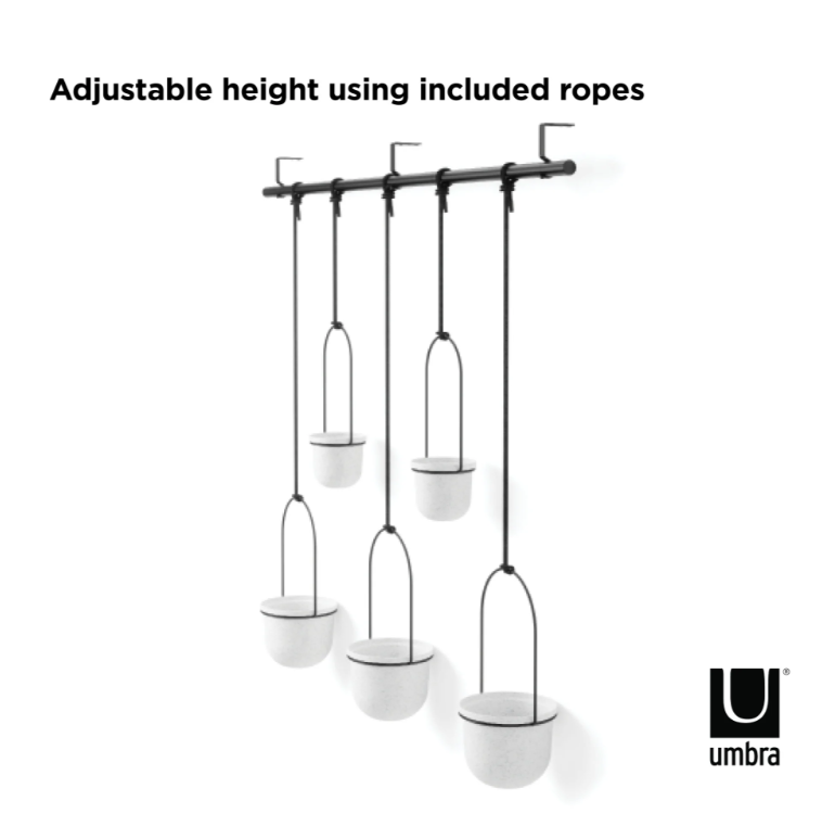 Adjustable height using included ropes for TRIFLORA HANGING PLANTER - Large Set of 5 | White + Black by Umbra.