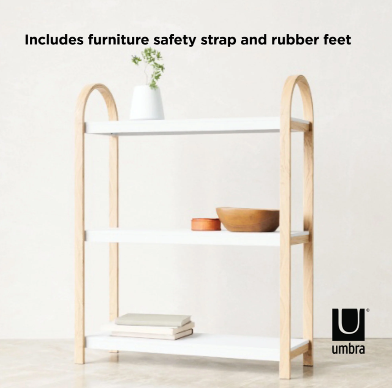 Umbra Bellwood three tier shelf with a furniture safety strap and rubber feet