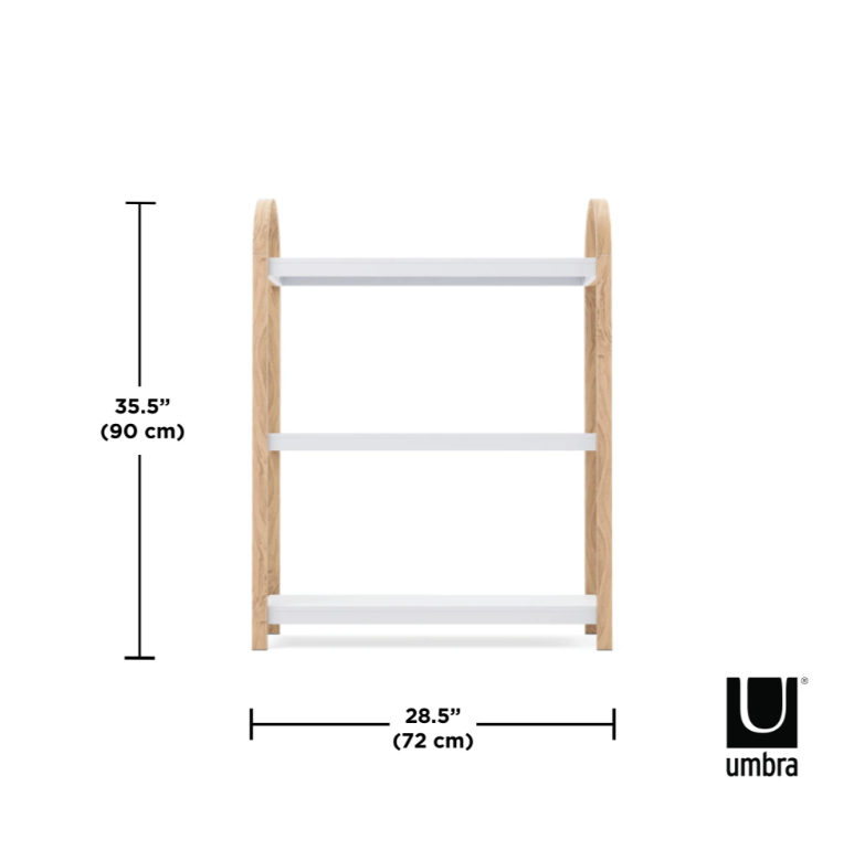 Umbra Bellwood three tier shelf dimension diagram, 72cm wide by 90cm high