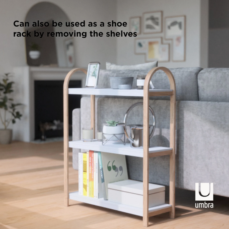 Umbra Bellwood three tier shelf in a living room corner