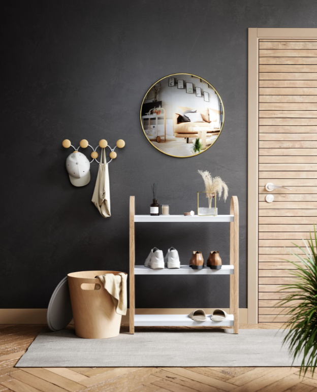 Close-up of the Umbra Bellwood three tier shelf wood finish