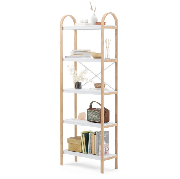 A Umbra BELLWOOD FIVE TIER SHELF with a range of books on it.