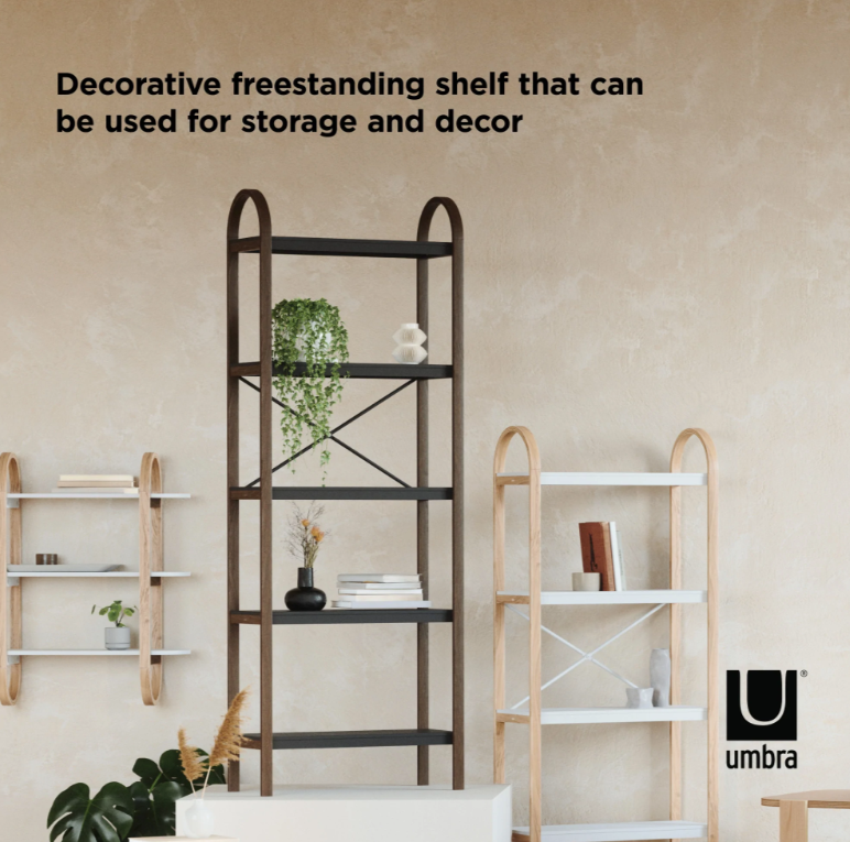 Umbra BELLWOOD FIVE TIER SHELF, a decorative floating shelf that can be used for storage and decor.
