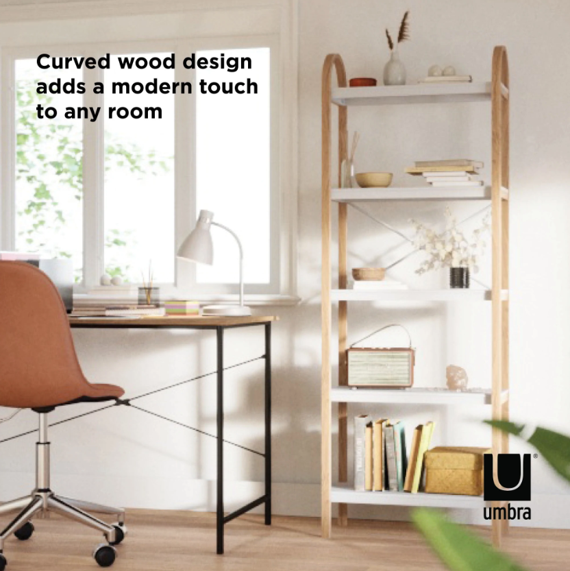 The Umbra BELLWOOD FIVE TIER SHELF adds a modern touch to any room.