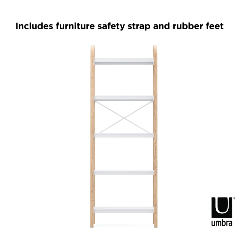 An Umbra BELLWOOD FIVE TIER SHELF with rubber feet.