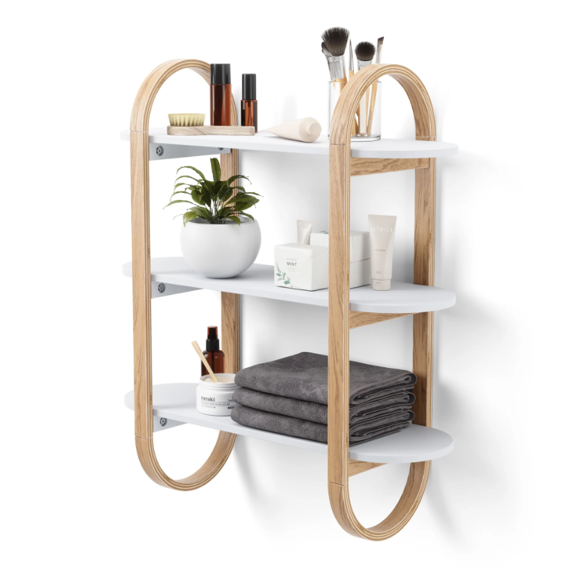 Umbra Bellwood three tier wall shelf with pill-shaped wood brackets