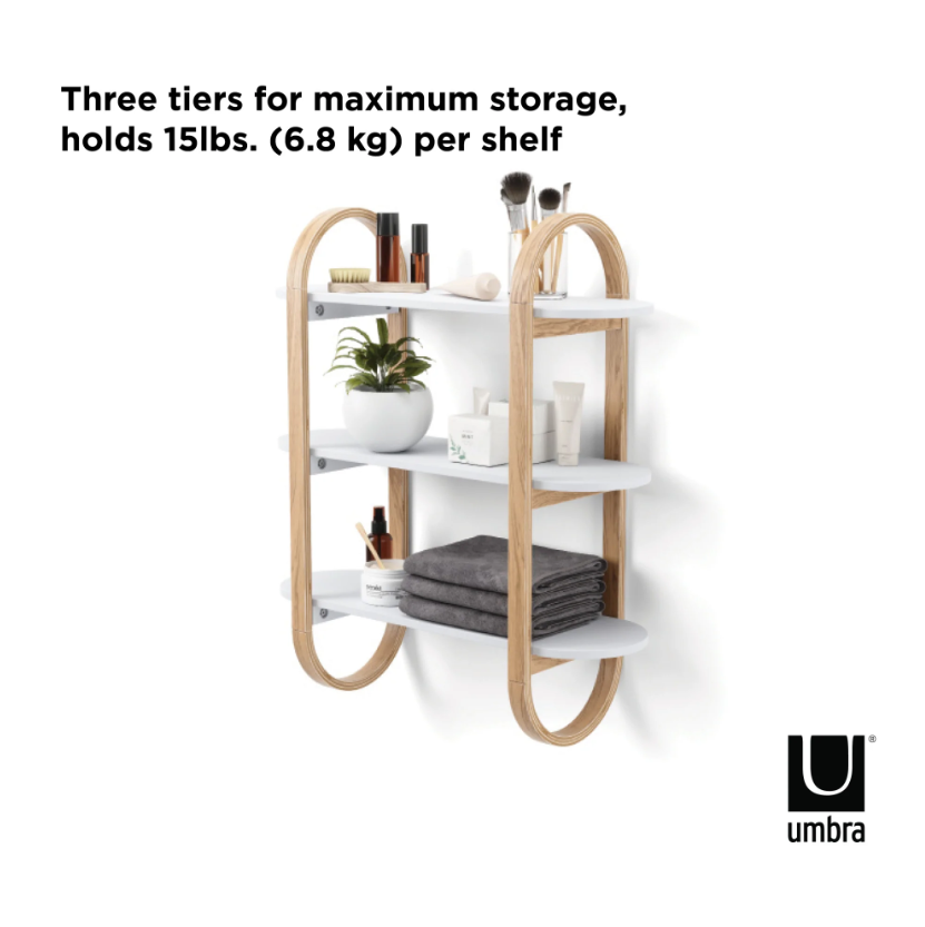 Umbra Bellwood wall shelf holding plants, books and towels, 6.8kg per shelf