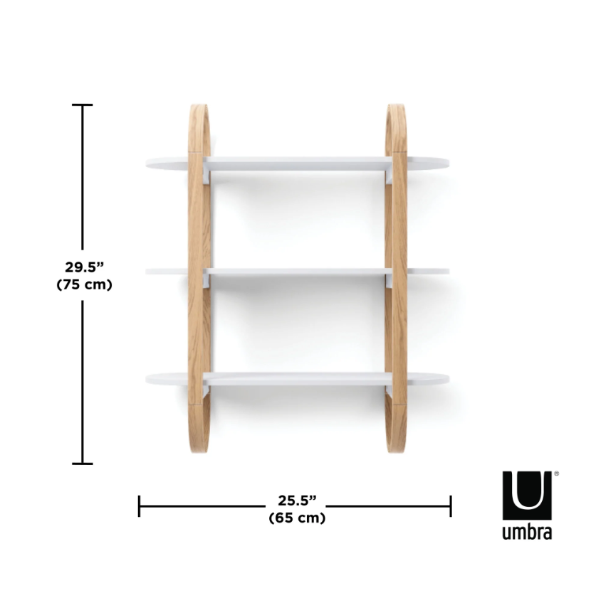 Umbra Bellwood three tier wall shelf dimension diagram, 65cm wide by 75cm high