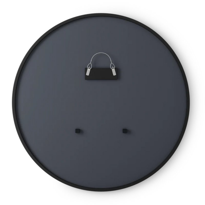 A modern black wall clock with a black handle, inspired by the sleek design of the Umbra HUB MIRROR - Large.
