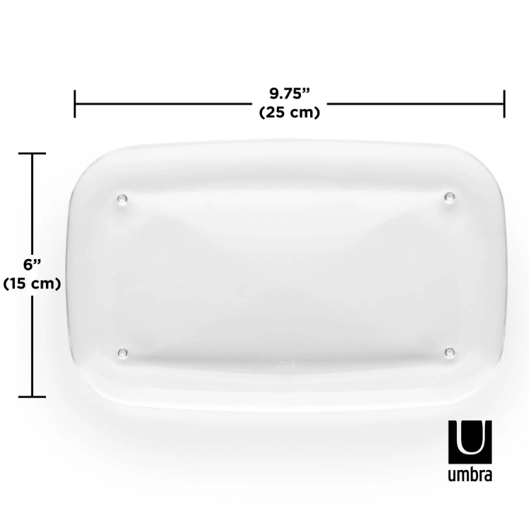 The dimensions of a Umbra DROPLET TRAY - CLEAR.