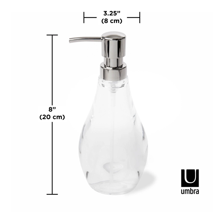 An Umbra DROPLET SOAP PUMP, CLEAR with measurements.