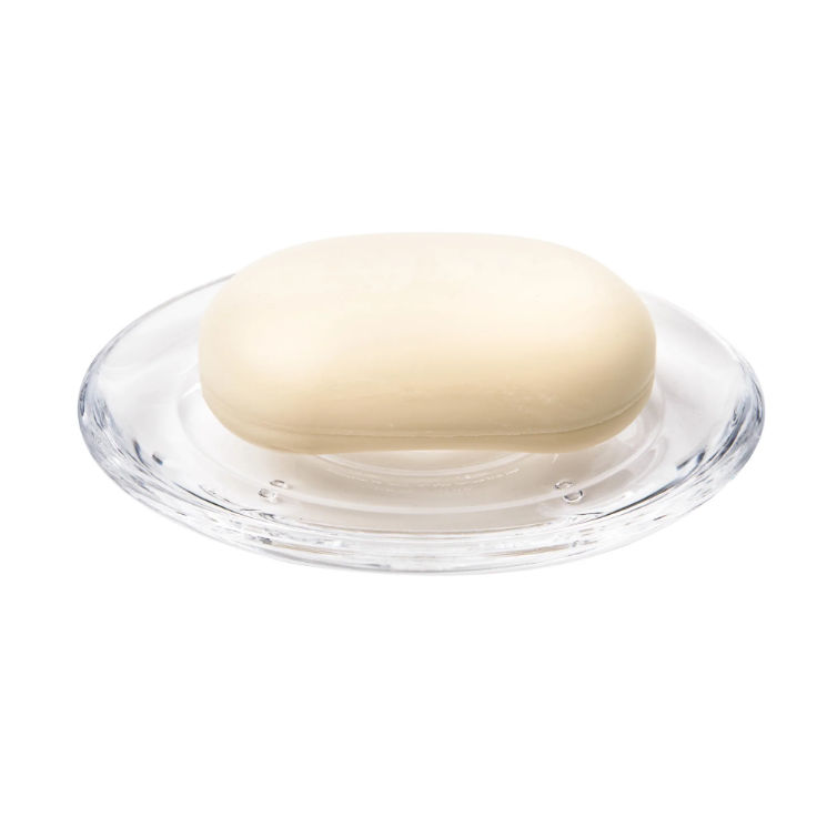 A clear Umbra Droplet Soap Dish on a white background.