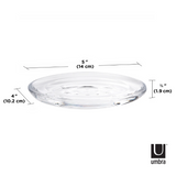A DROPLET SOAP DISH, CLEAR plate with measurements on it, perfect for bathroom décor or as an Umbra item.