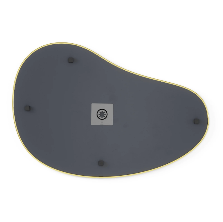 A Umbra HUBBA PEBBLE MIRROR, a reflective black and yellow shaped tray with a metallic finish on a white surface.