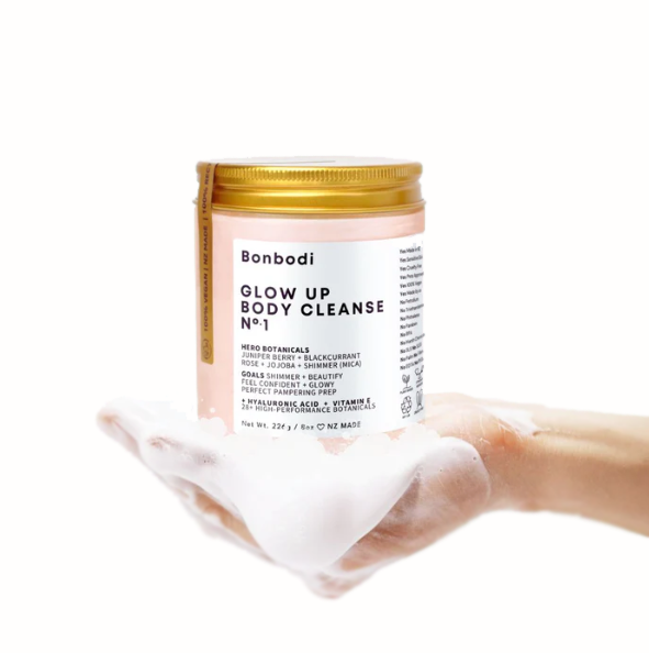 Luxurious pampering with a jar of GlowUp Body Cleanse - The Perfect Prep + a Hint of Sparkle by Bonbodi, for the ultimate glow-up.