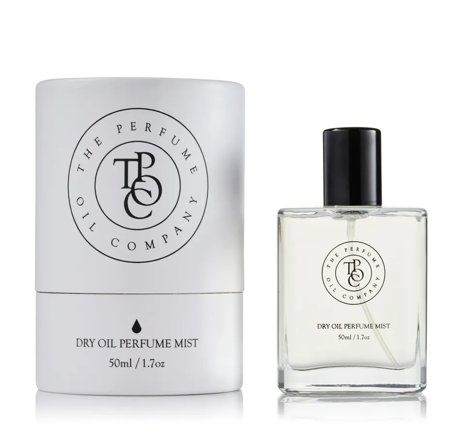 Perfume bottle beside its white box on a white background