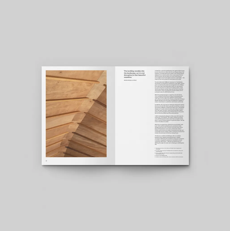 Cape to Bluff page spread with large-format architectural photography by Simon Devitt