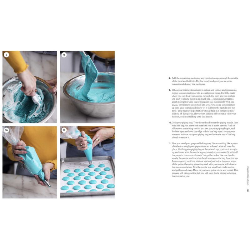 An artistically designed Magnolia Kitchen book featuring cake designs and recipes, with a focus on creating vibrant blue icing.