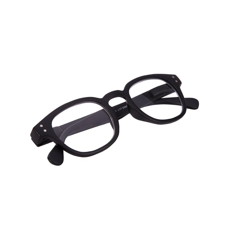 A pair of black polycarbonate Albi reading glasses with lens on a white background.