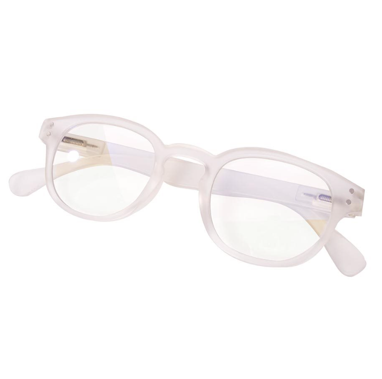 Frosted frame blue light glasses, open side view, on white