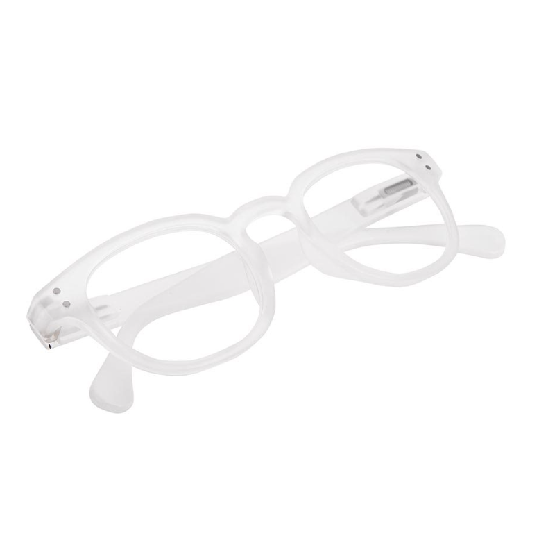 Blue light glasses with a frosted clear frame, folded, on white