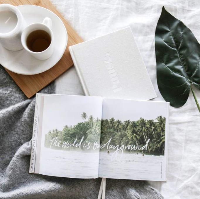 Press Pause open at a photo of palm trees beside a cup of coffee and a monstera leaf